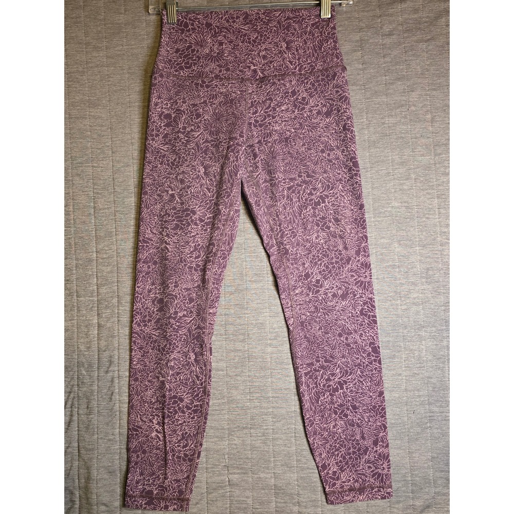 1387 Lululemon Wunder Under High Rise Tights Purple Floral Print Size 6 Leggings